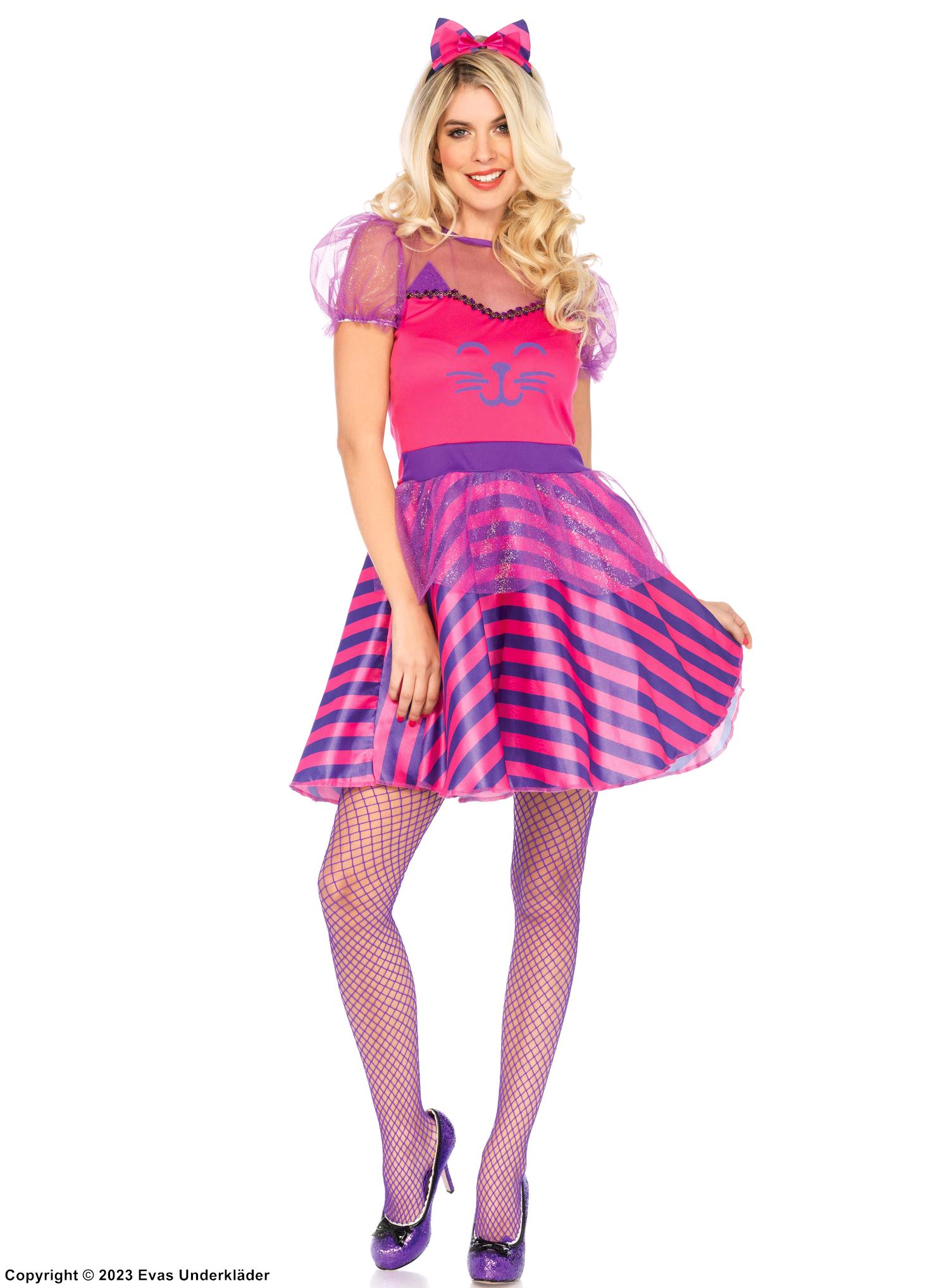 Female Cheshire Cat from Alice in Wonderland, costume dress, tail, puff sleeves, colorful stripes